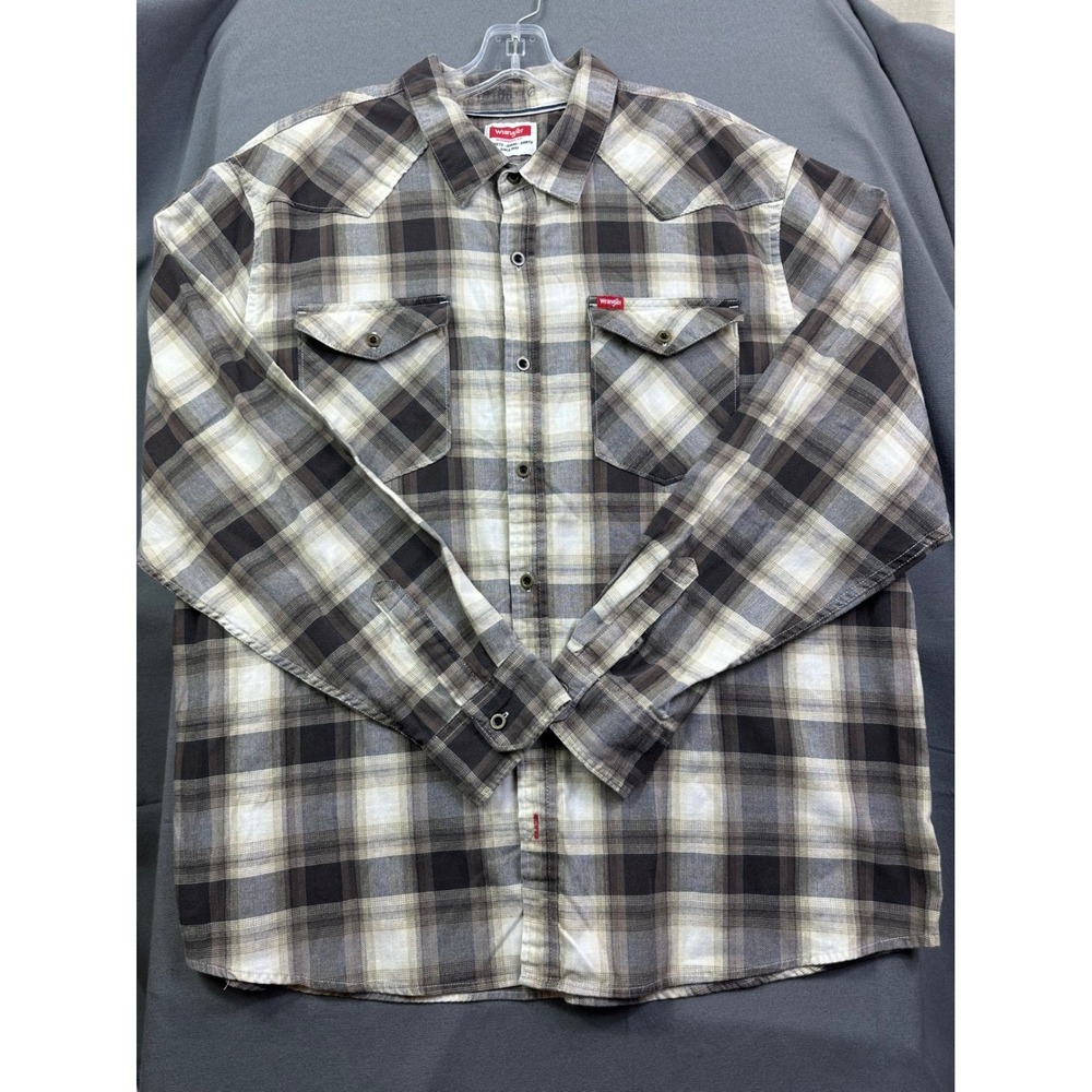 Wrangler Men Plaid Western Snap Shirt Brown Tan Cream Long Sleeve 2XL 112360717